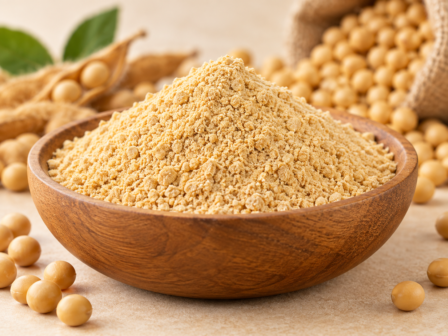 Soya meal in a wooden bowl
